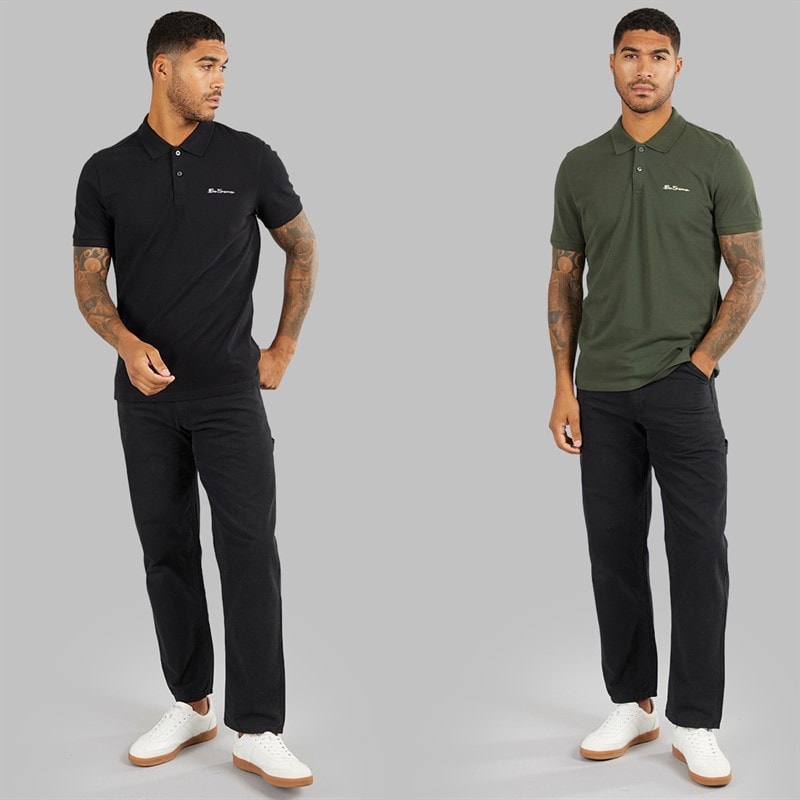 Ben Sherman Mens Two Pack Plain Polo Shirts Black/Khaki - Image 3