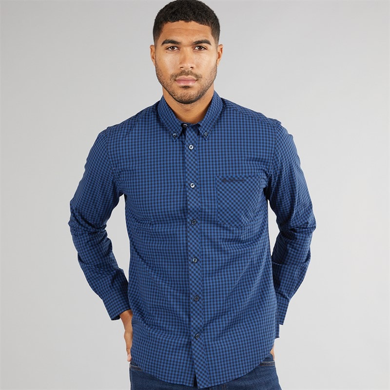 Ben Sherman Mens Long Sleeve Gingham Shirt Royal Blue - Image 1
