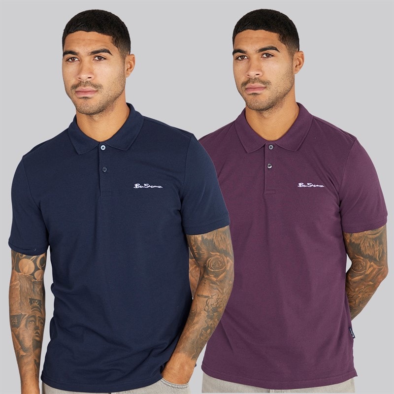 Ben Sherman Mens Two Pack Plain Polo Shirts Plum/Dark Navy - Image 1