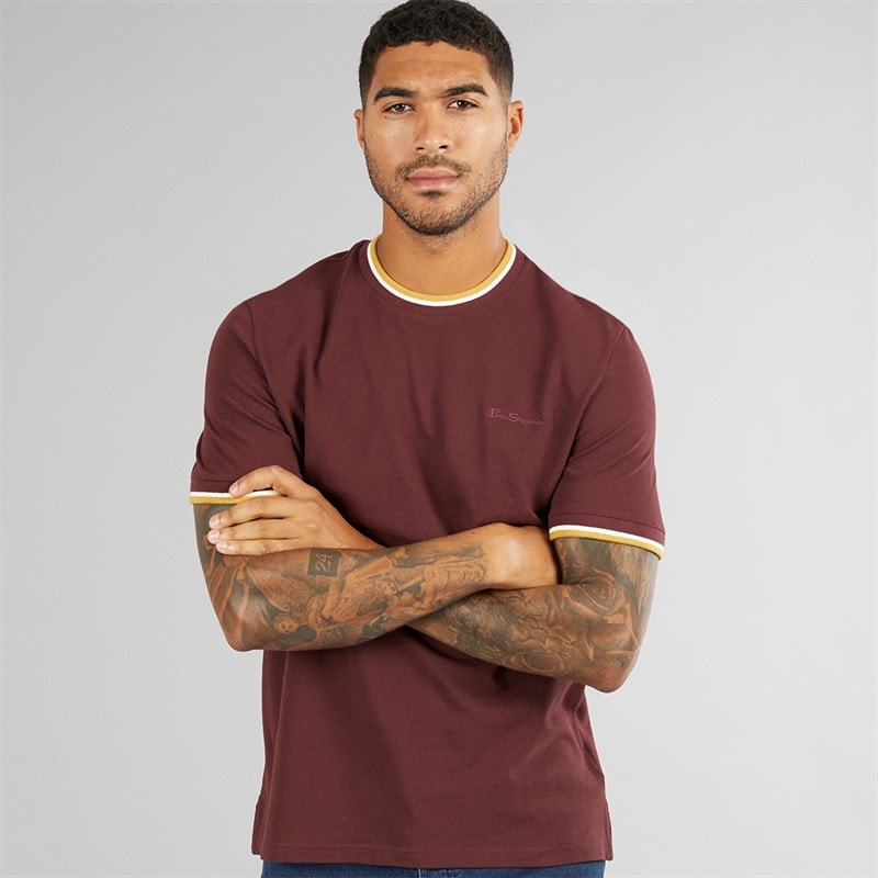 Ben Sherman Mens Pique Ringer T-Shirt Wine - Image 1