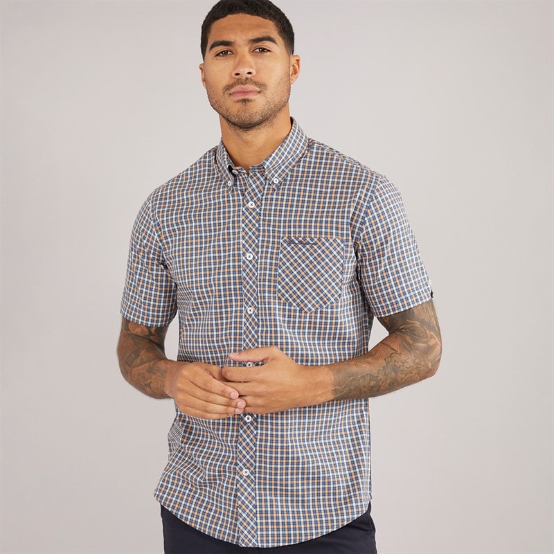 Ben Sherman Mens House Check Short Sleeve Shirt Denim Blue