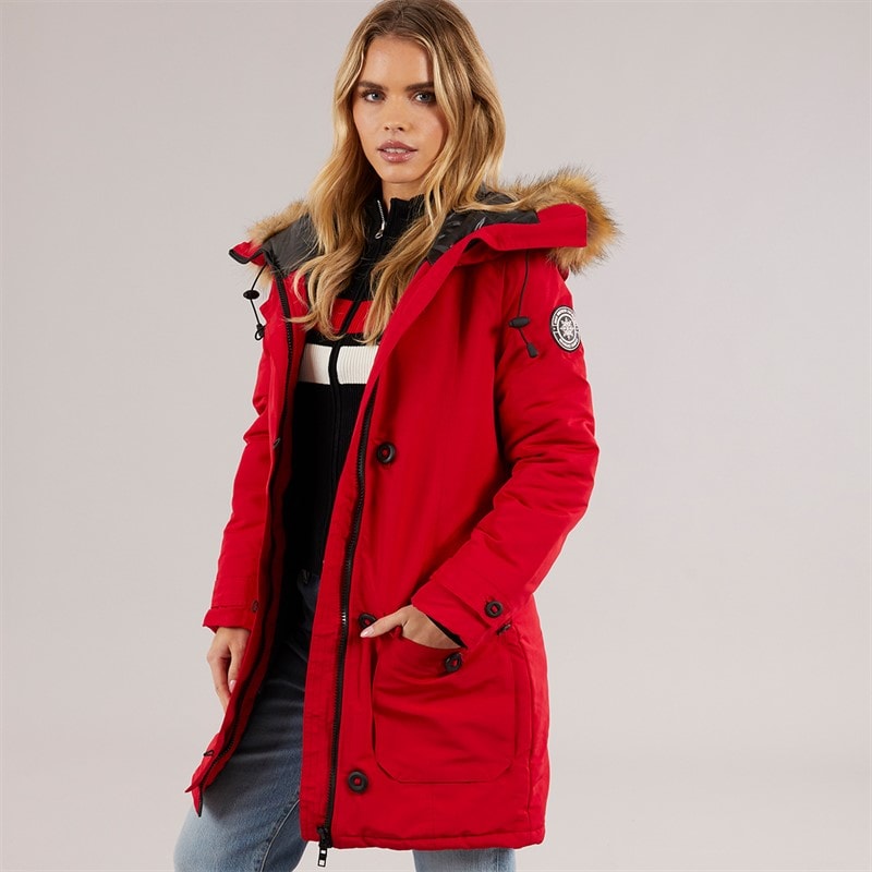 Brave Soul Womens Jacobs Faux Fur Parka Coat Red/Natural - Image 1