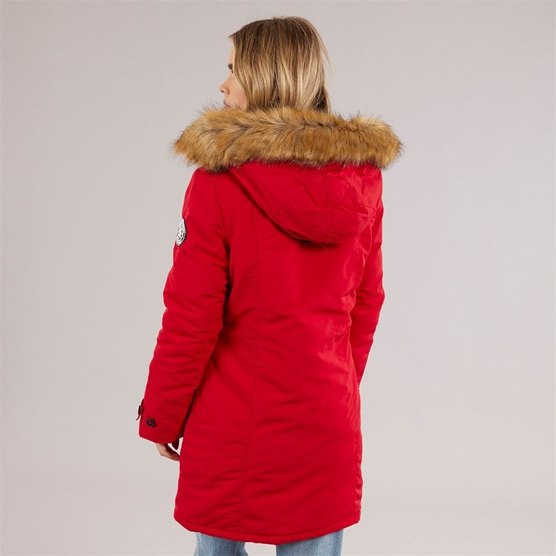 Brave Soul Womens Jacobs Faux Fur Parka Coat Red/Natural - Image 2