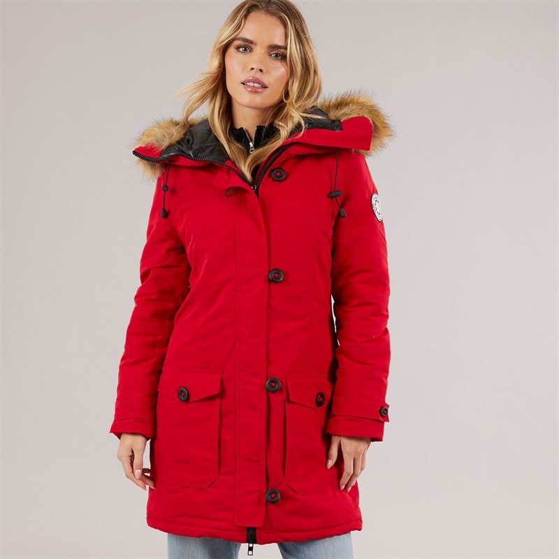 Brave Soul Womens Jacobs Faux Fur Parka Coat Red/Natural - Image 3