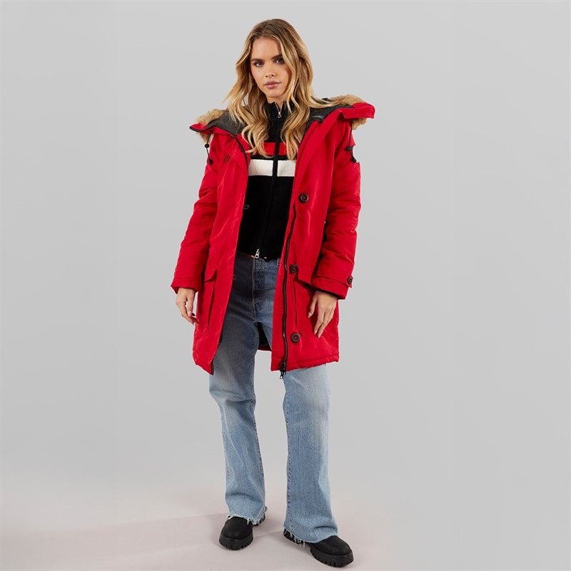 Brave Soul Womens Jacobs Faux Fur Parka Coat Red/Natural - Image 4