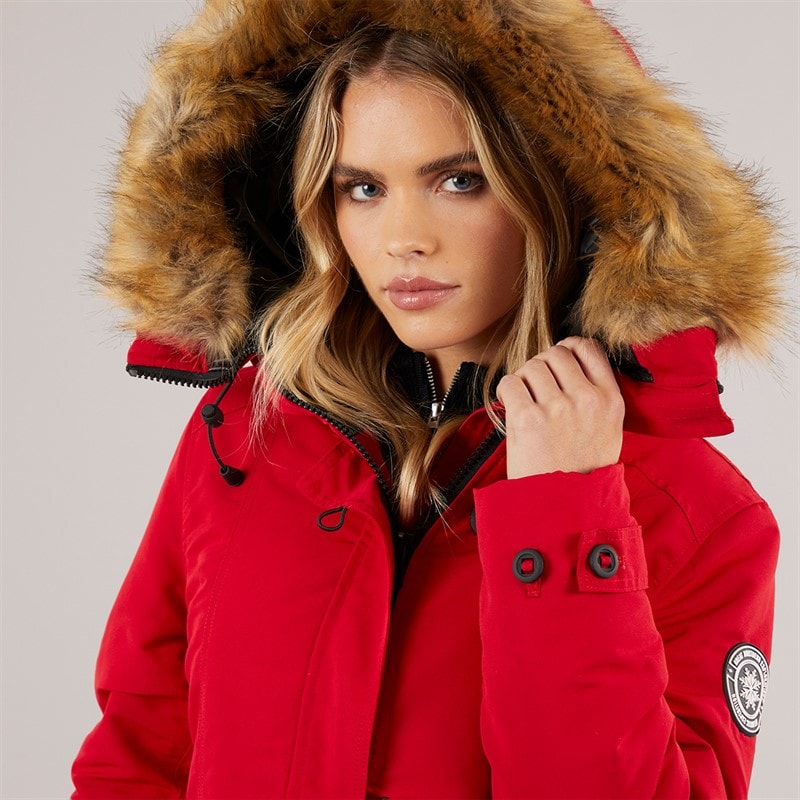 Brave Soul Womens Jacobs Faux Fur Parka Coat Red/Natural - Image 5