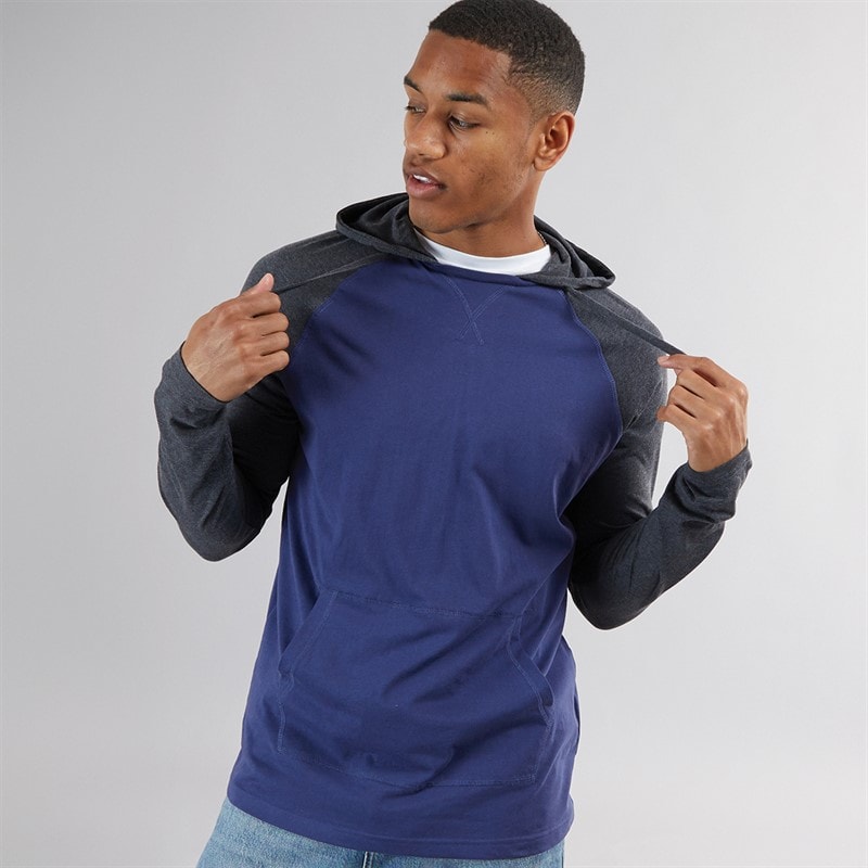 Brave Soul Mens French Long Sleeve Top With Hood Ink Blue/Dark Charcoal