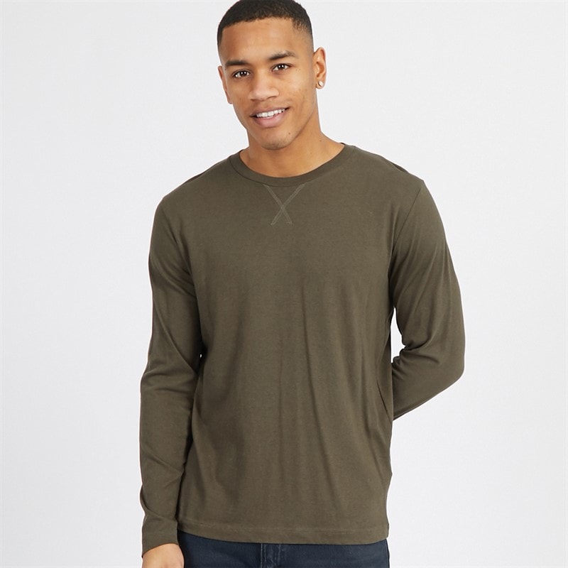 Brave Soul Mens Supreme Crew Neck Long Sleeve T-Shirt Khaki