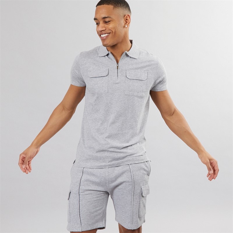 Brave Soul Mens Hubble Polo Shirt and Shorts Set Light Grey Marl - Image 1