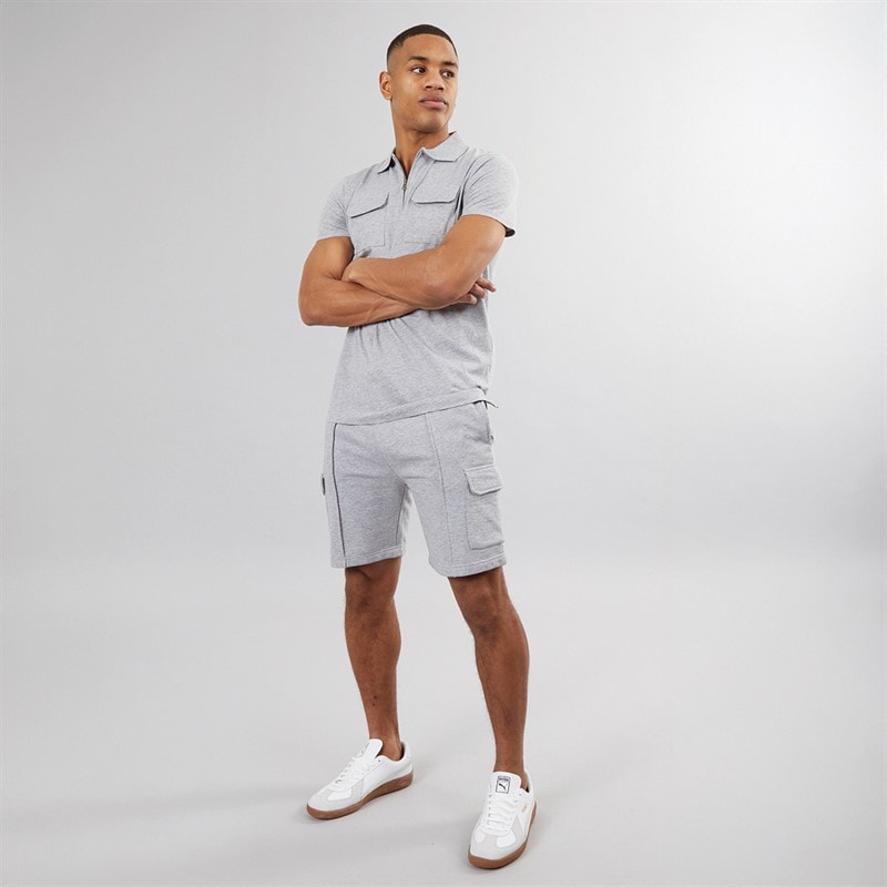 Brave Soul Mens Hubble Polo Shirt and Shorts Set Light Grey Marl - Image 3