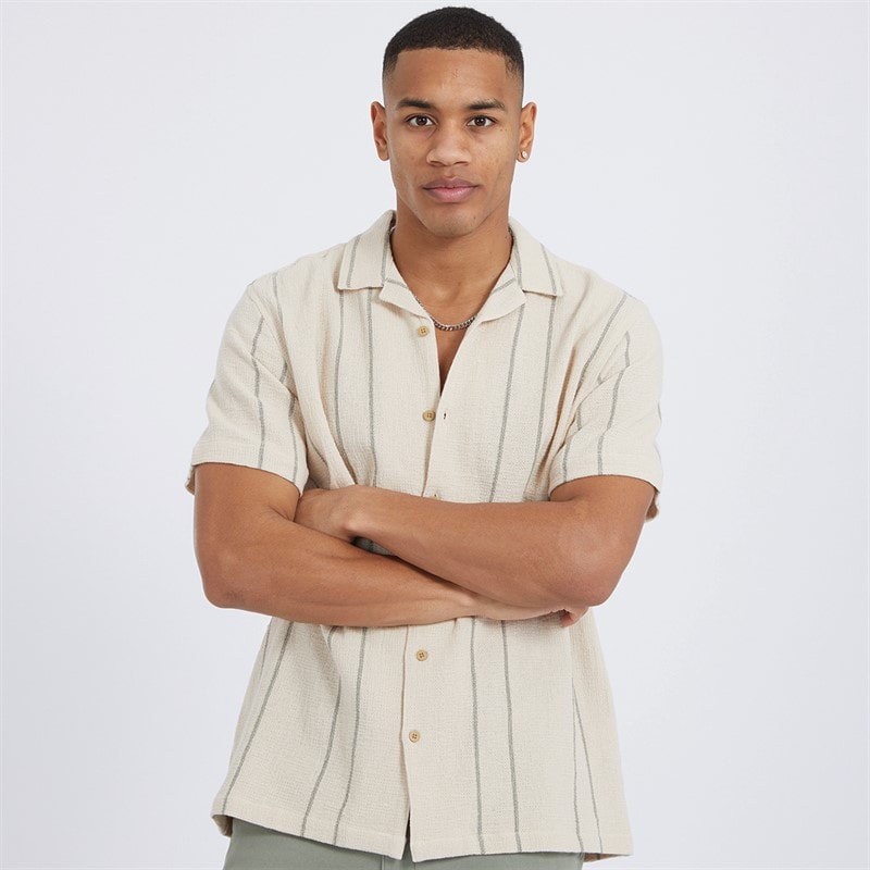 Brave Soul Mens Soresi Short Sleeve Shirt Ecru/Sage Green - Image 1