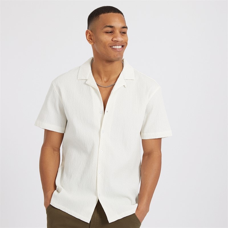Brave Soul Mens Ripley Short Sleeve Shirt Optic White/Ecru Dobby