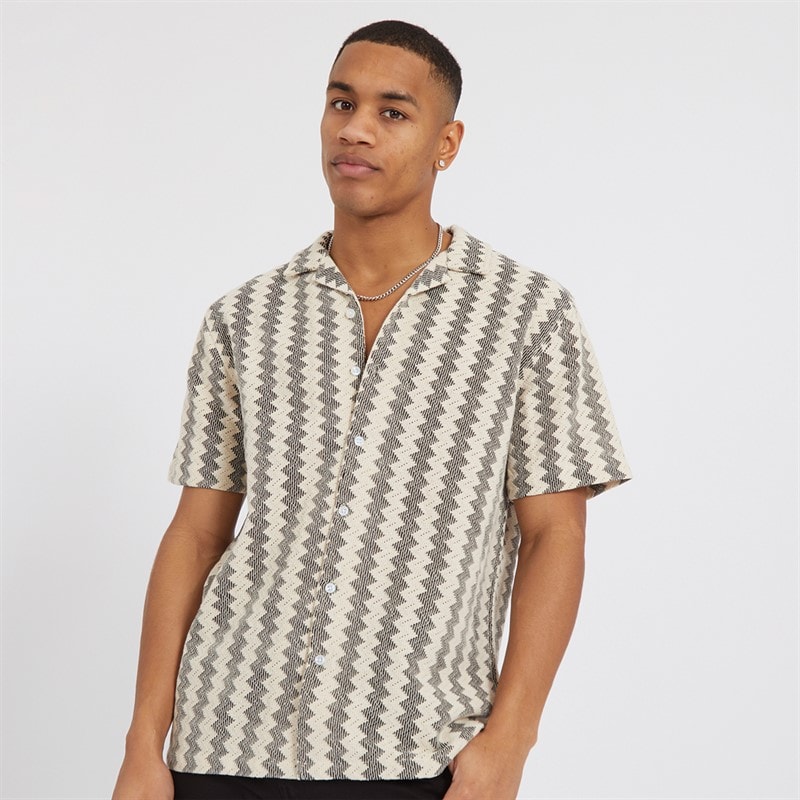 Brave Soul Mens Soresi Short Sleeve Shirt Ecru/Black Crochet - Image 1