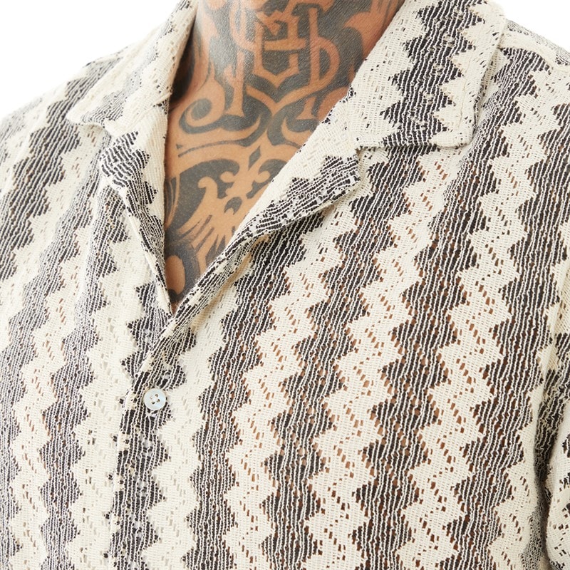 Brave Soul Mens Soresi Short Sleeve Shirt Ecru/Black Crochet - Image 3