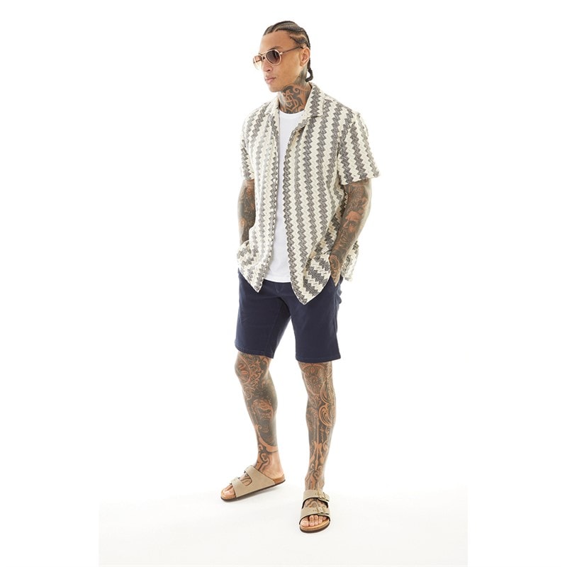 Brave Soul Mens Soresi Short Sleeve Shirt Ecru/Black Crochet - Image 5