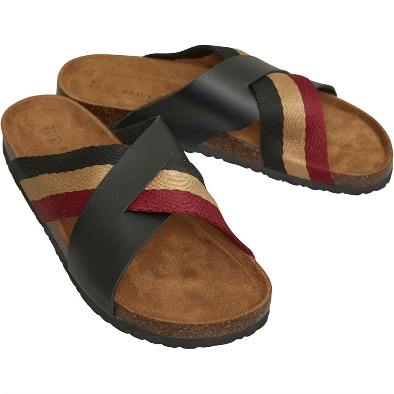 Brave Soul Mens Marvin Cross Strap Sandals Black/Dark Red/Gold