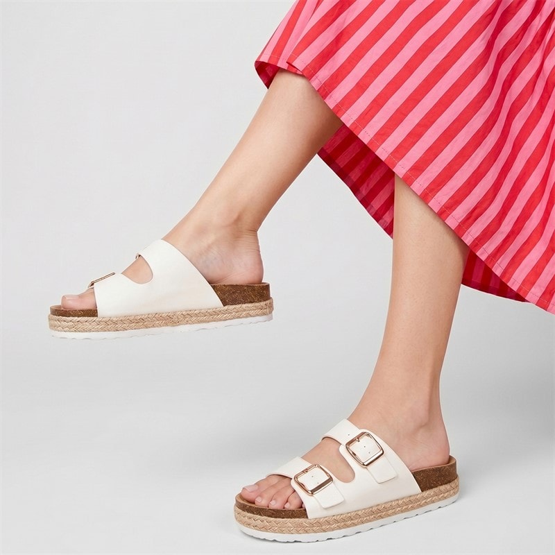 Brave Soul Womens Pantha Two Double Buckle Platform Sandals White