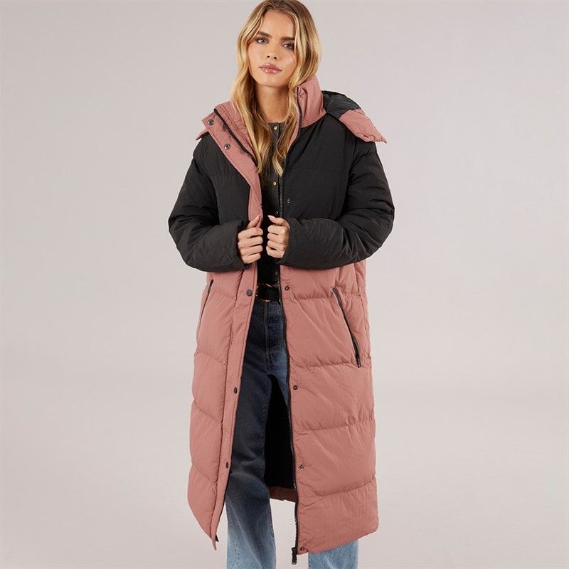 Brave Soul Womens Myra Long Hooded Puffer Coat Black/Dusky Pink - Image 1
