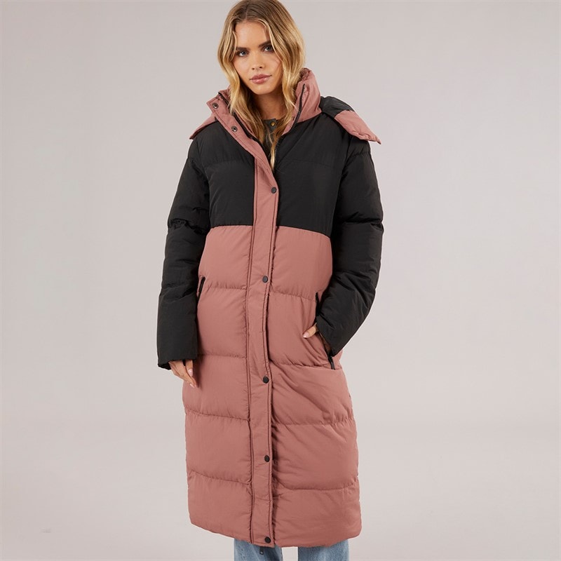 Brave Soul Womens Myra Long Hooded Puffer Coat Black/Dusky Pink - Image 3