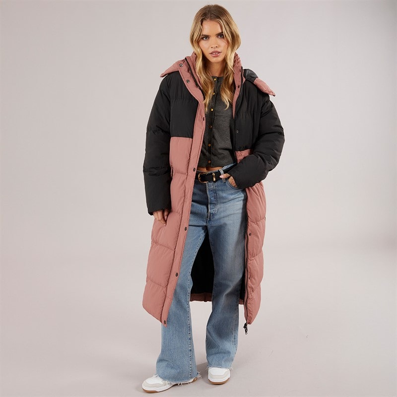 Brave Soul Womens Myra Long Hooded Puffer Coat Black/Dusky Pink - Image 4