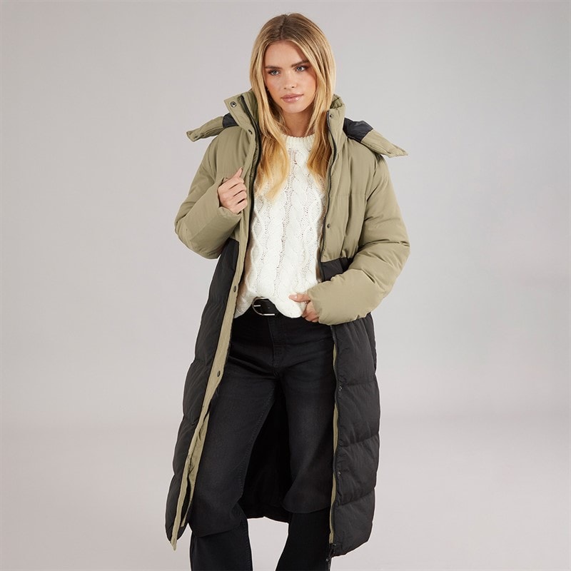 Brave Soul Womens Myra Long Hooded Puffer Coat Mocha/Black - Image 1