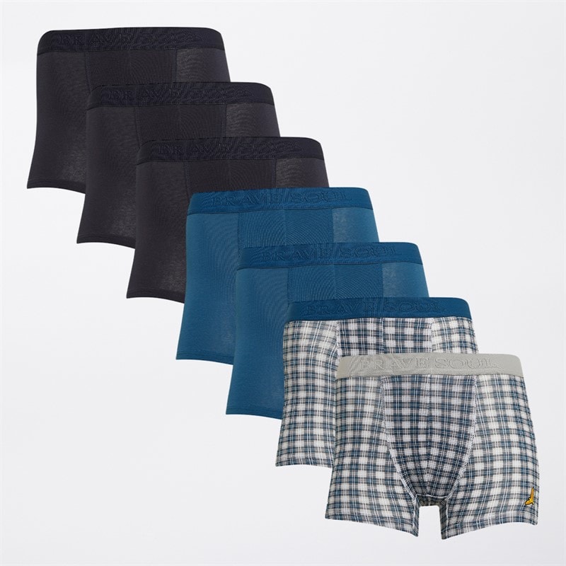 Brave Soul Boys Seven Pack Boxers Navy/Teal/Printed Check - Image 1