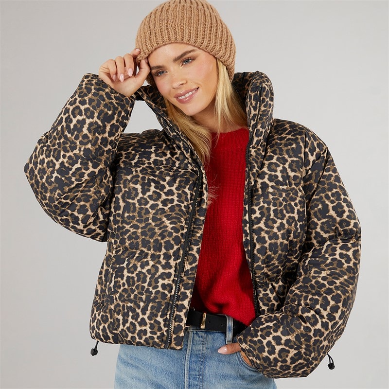 Brave Soul Womens Ramblin Short Puffer Jacket Leopard - Image 1