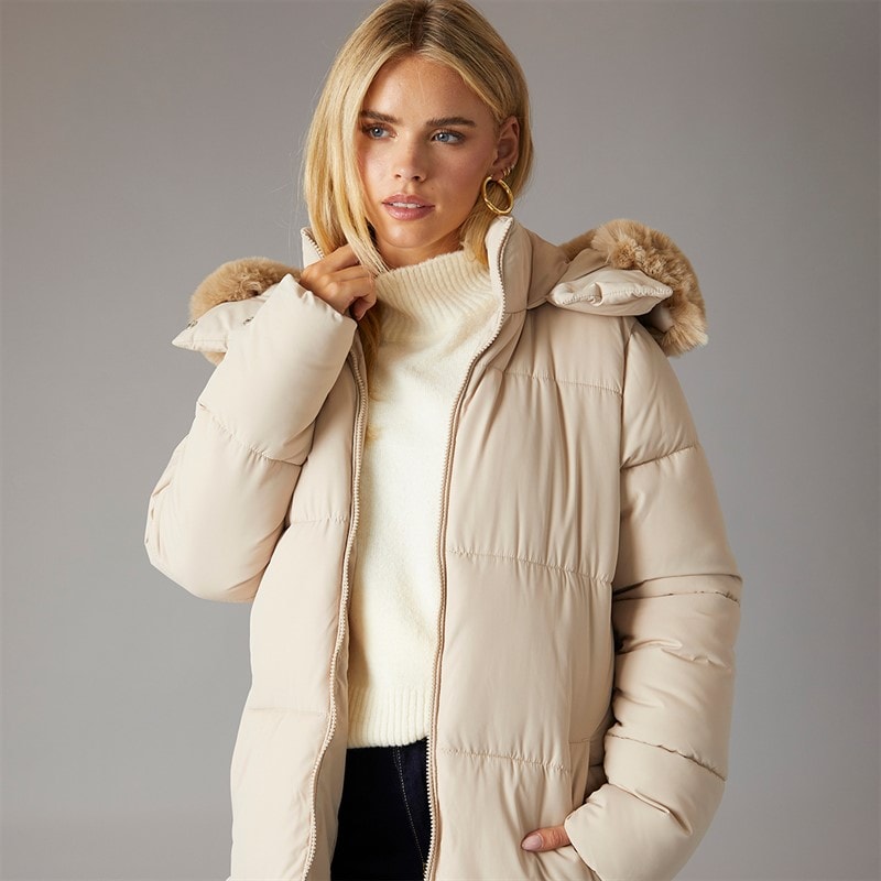 Brave Soul Womens Jewels Long Puffer Coat Cream - Image 3