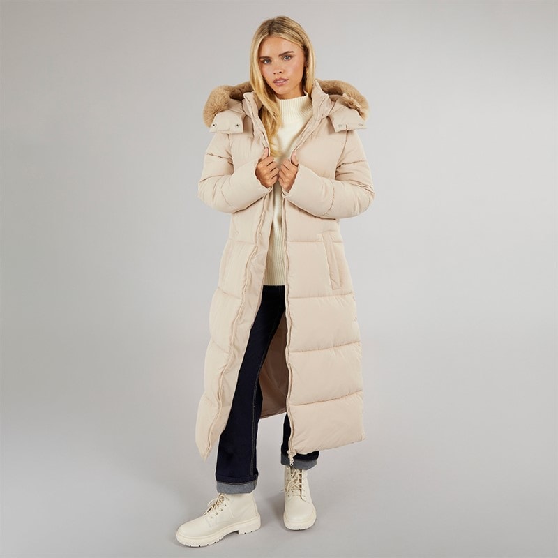 Brave Soul Womens Jewels Long Puffer Coat Cream - Image 4
