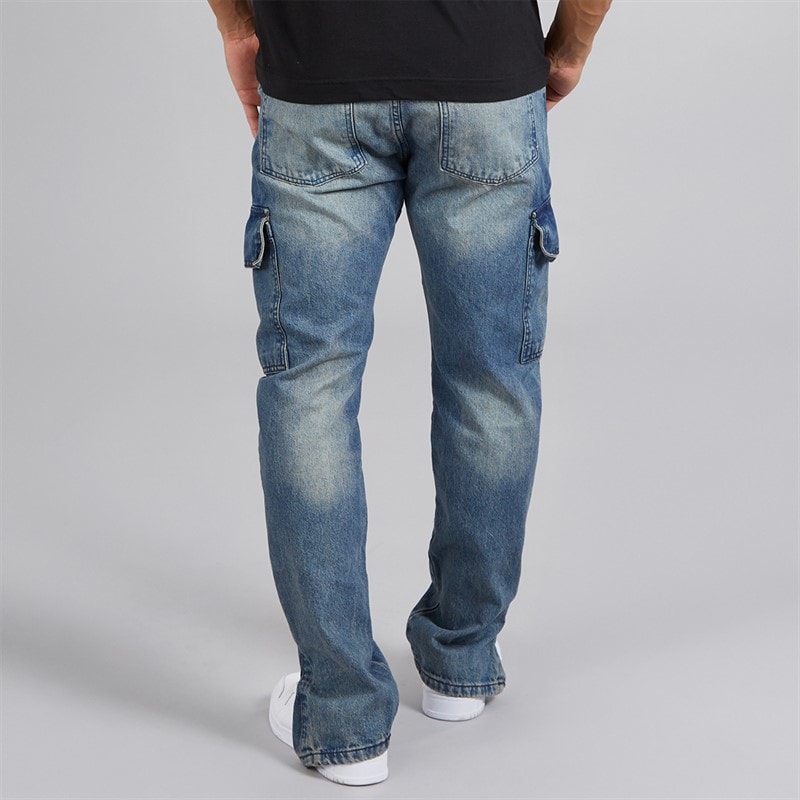 Brave Soul Mens Station Loose Fit Cargo Jeans Mid Blue - Image 2