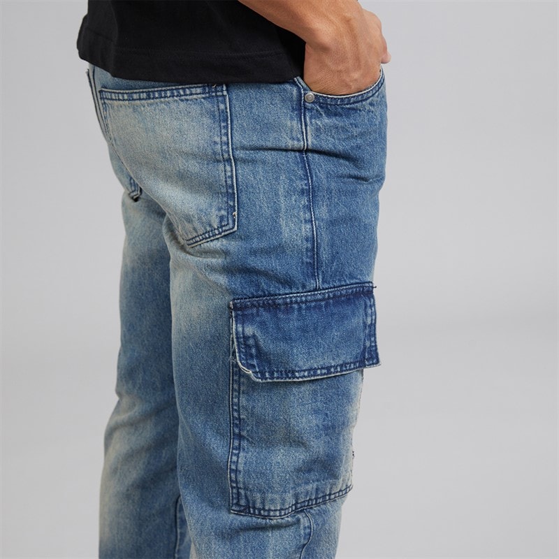Brave Soul Mens Station Loose Fit Cargo Jeans Mid Blue - Image 3