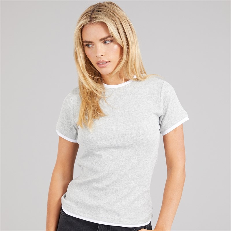 Brave Soul Womens Athena Double Layered T-Shirt Silver Grey Marl/White - Image 3