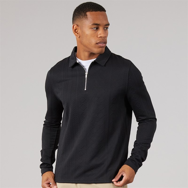 Brave Soul Mens Mellark Long Sleeve 1/4 Zip Polo Shirt Black - Image 1