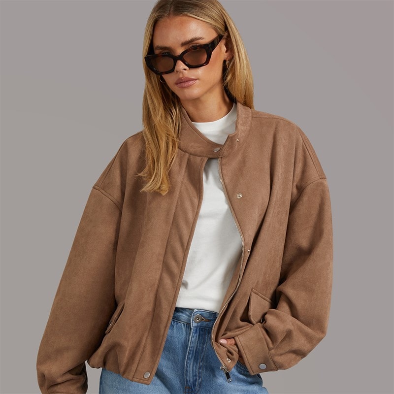 Brave Soul Womens Lenora Faux Suede Jacket Taupe - Image 1