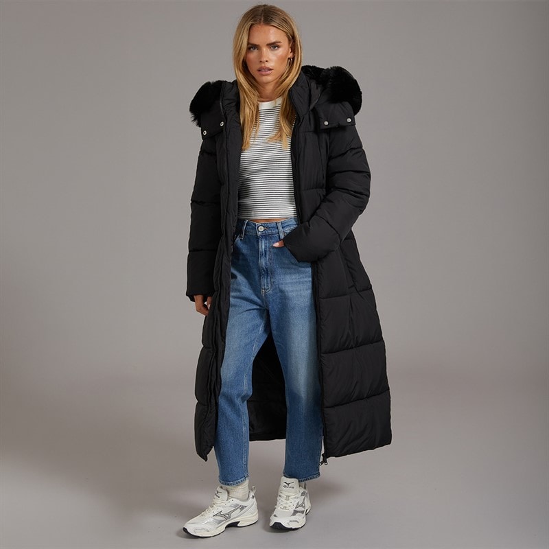 Brave Soul Womens Jewels Long Puffer Jacket Black - Image 4