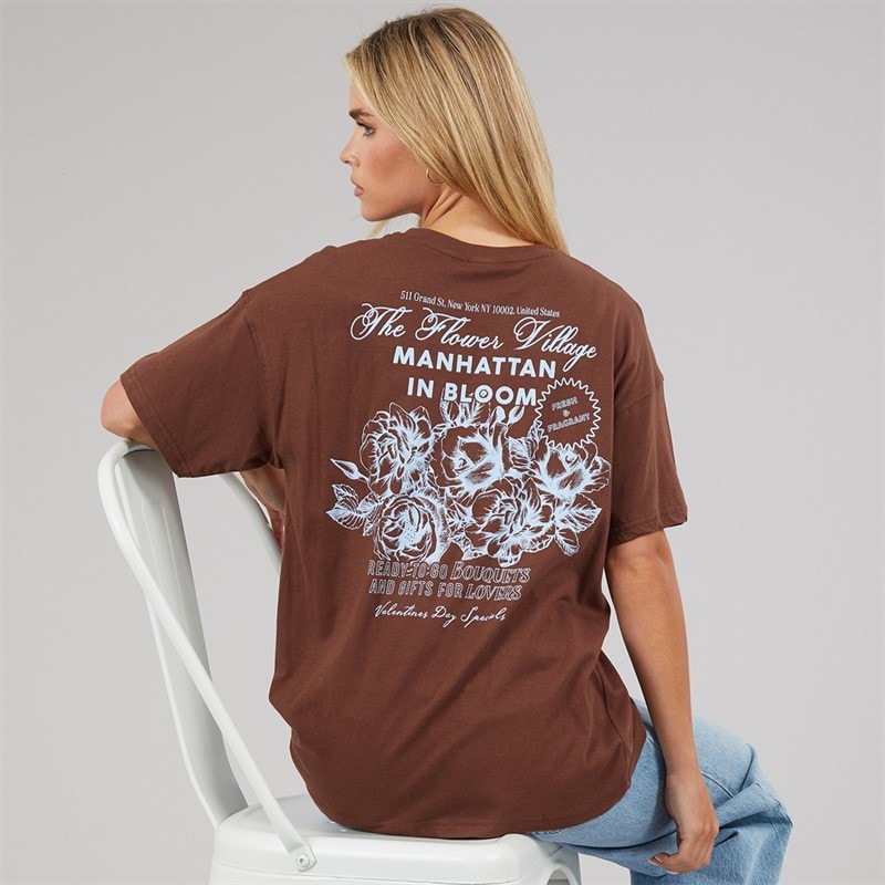 Brave Soul Womens Bloom T-Shirt Brown/Blue Body/Print