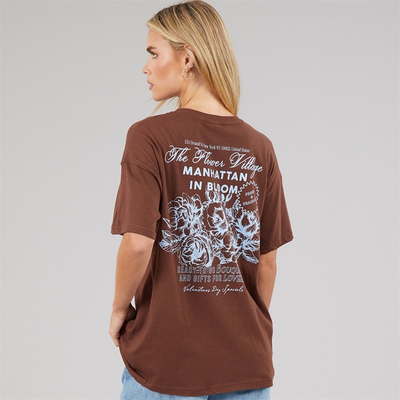 Brave Soul Womens Bloom T-Shirt Brown/Blue Body/Print - Image 3