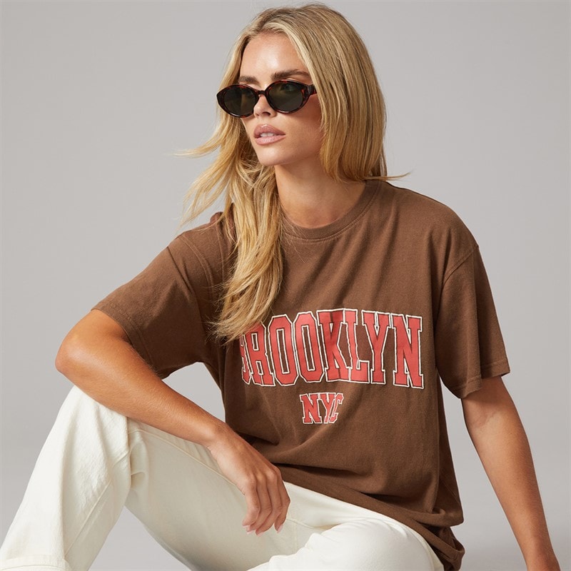 Brave Soul Womens Brooklyn T-Shirt Brown Acid Wash