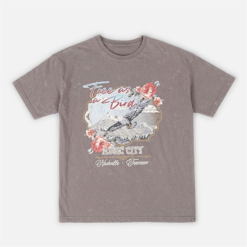Brave Soul Womens Bird Acid Wash T-Shirt Grey Acid Wash