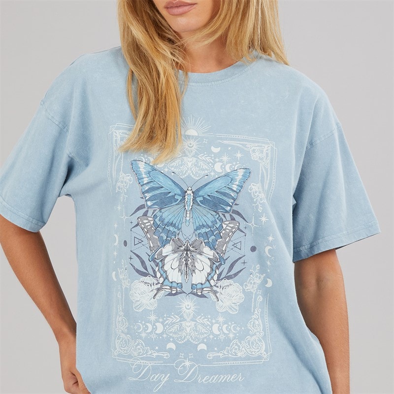 Brave Soul Womens Day Dreamer T-Shirt Blue Acid Wash - Image 3