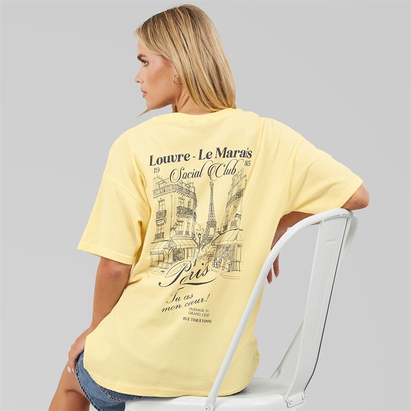 Brave Soul Womens Louvre T-Shirt Yellow/Blue Body/Print - Image 1