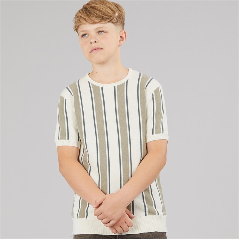 Brave Soul Boys Gillam Knitted T-Shirt Cream/Light Green/Mid Green