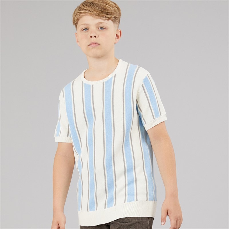 Brave Soul Boys Gillam Knitted T-Shirt Cream/Pale Blue/Light Grey