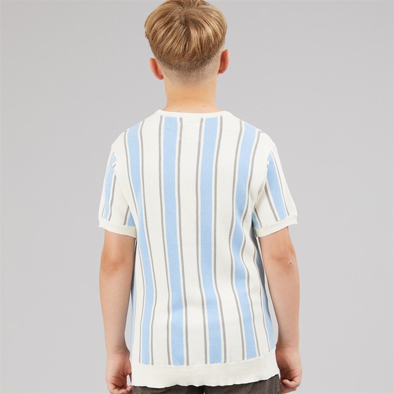 Brave Soul Boys Gillam Knitted T-Shirt Cream/Pale Blue/Light Grey - Image 2