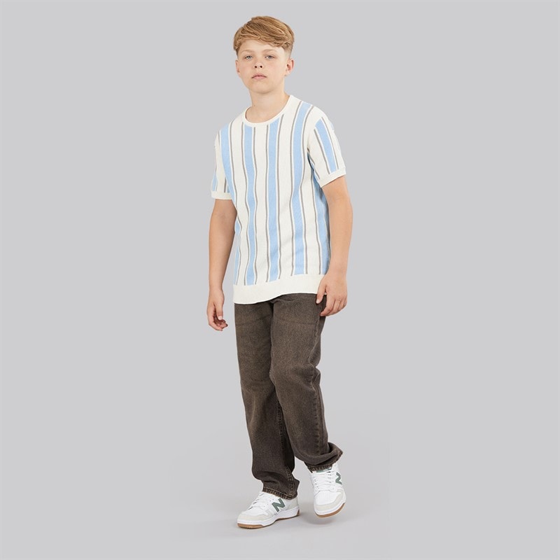 Brave Soul Boys Gillam Knitted T-Shirt Cream/Pale Blue/Light Grey - Image 3