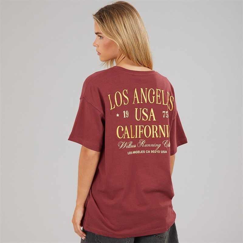 Brave Soul Womens Rachel Embroidered T-Shirt Burgundy/Yellow