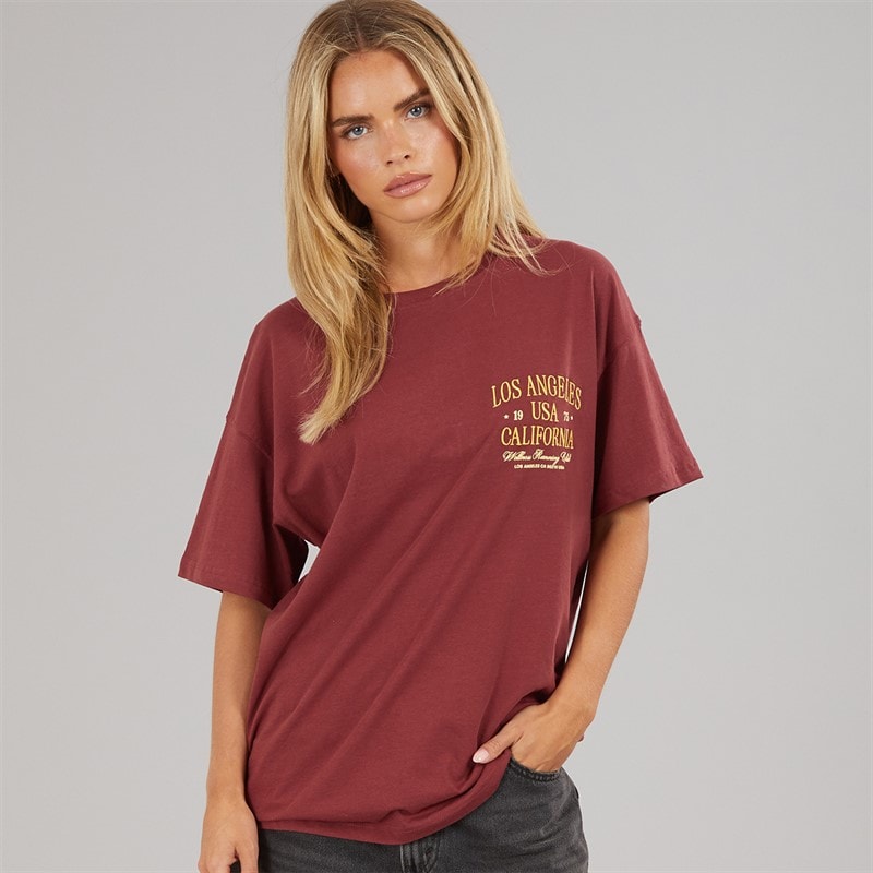 Brave Soul Womens Rachel Embroidered T-Shirt Burgundy/Yellow - Image 2