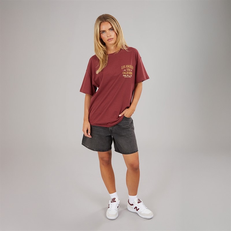 Brave Soul Womens Rachel Embroidered T-Shirt Burgundy/Yellow - Image 3
