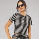 Brave Soul Womens Trixie Button Down T-Shirt Black/Cream