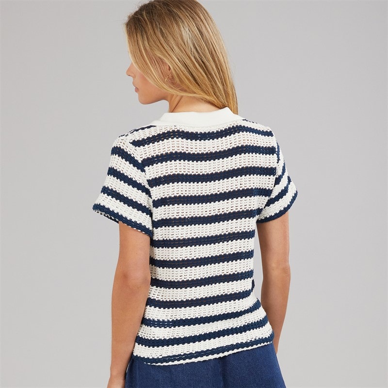 Brave Soul Womens Stripe Polo Shirt Cream/Navy - Image 2